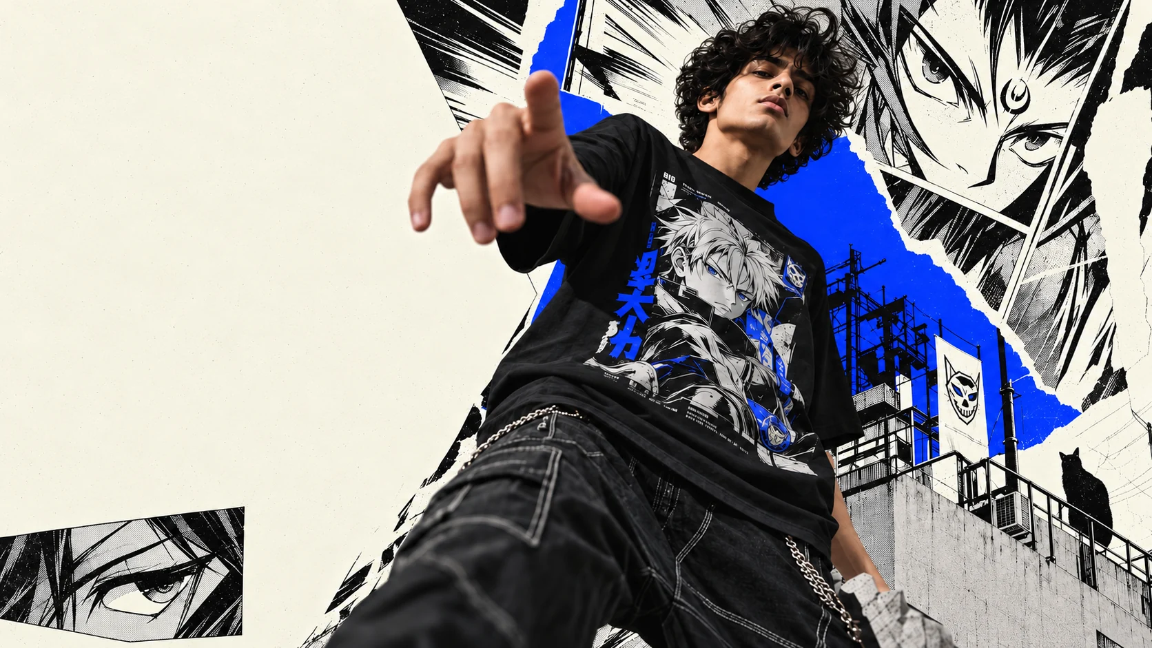 A streetwear model breaks out of a black-and-white manga collage, with electric-blue torn panels and illustrated Tokyo streets.
